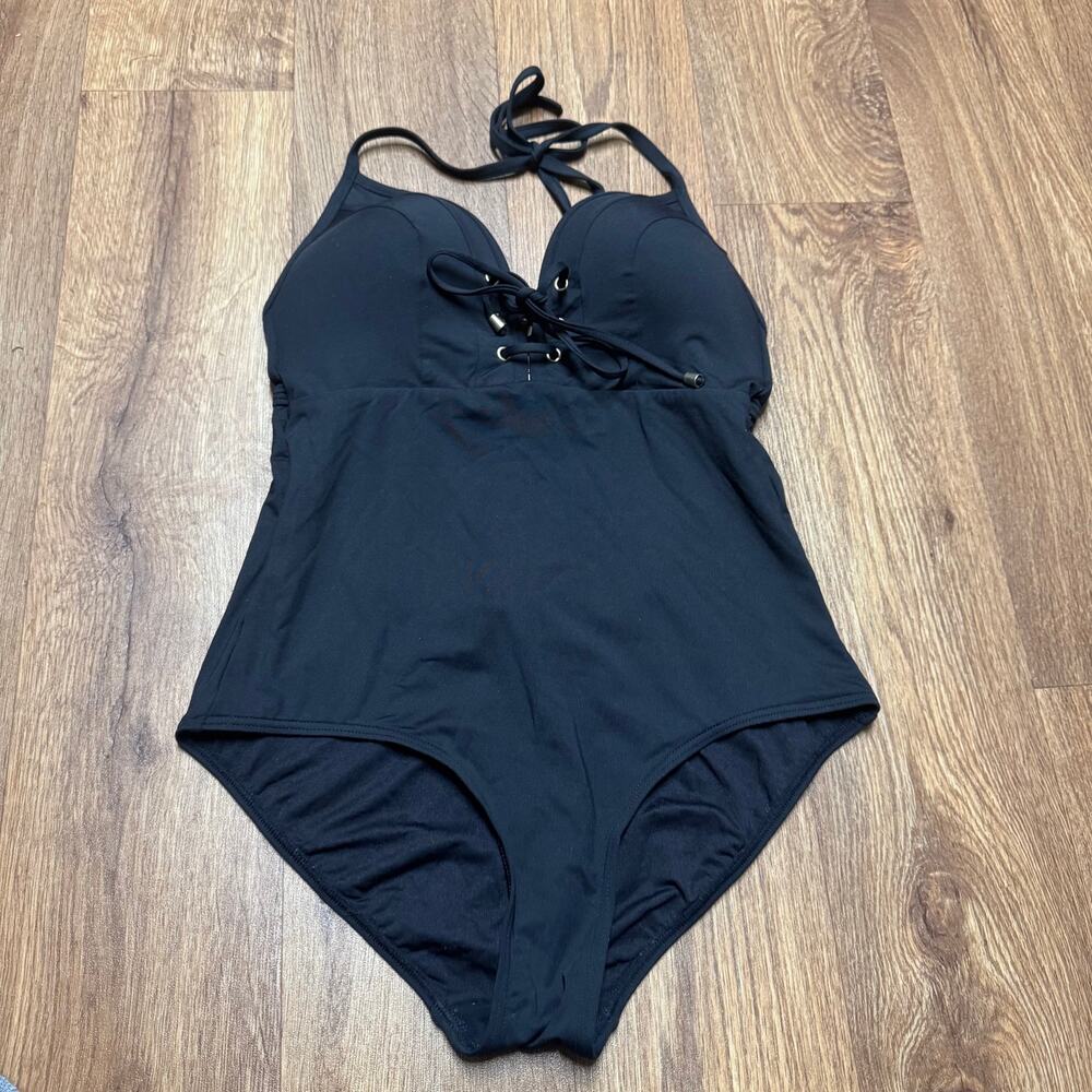 Niptuck Womens Solid Black One Piece Lace Up Open Back Swim Suit Size 6 Small